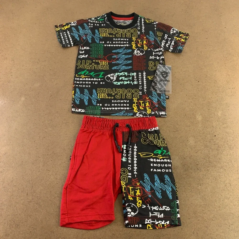 Encrypted Boys Size 4 Colorblock Drip Printed 2 Piece T-Shirt & Shorts Set NWT